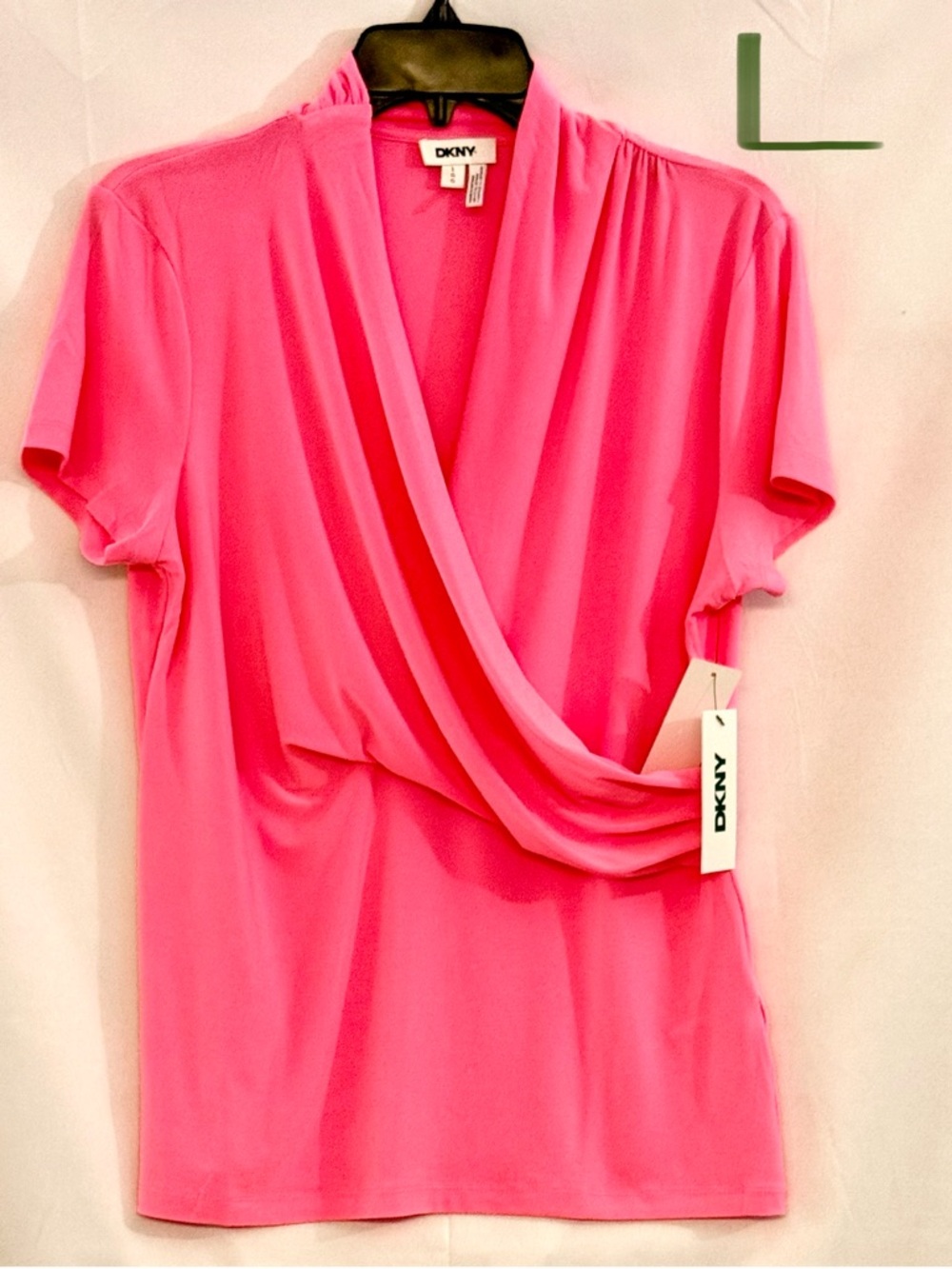 DKNY Pink Draped V-Neck Short Sleeve Top